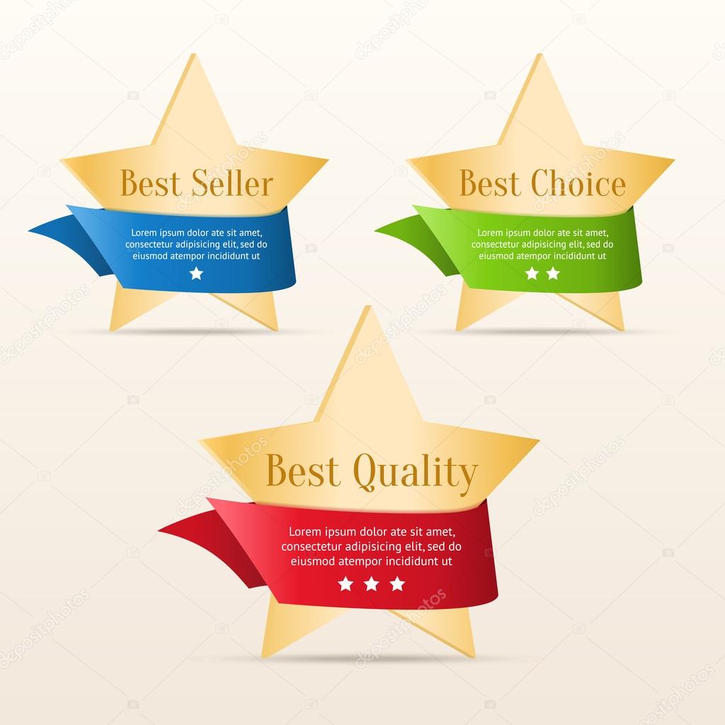 Best choice, best quality, best seller - golden stars with color ribbons