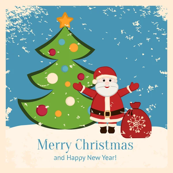 Retro Christmas card with happy Santa and fir — Stock Vector