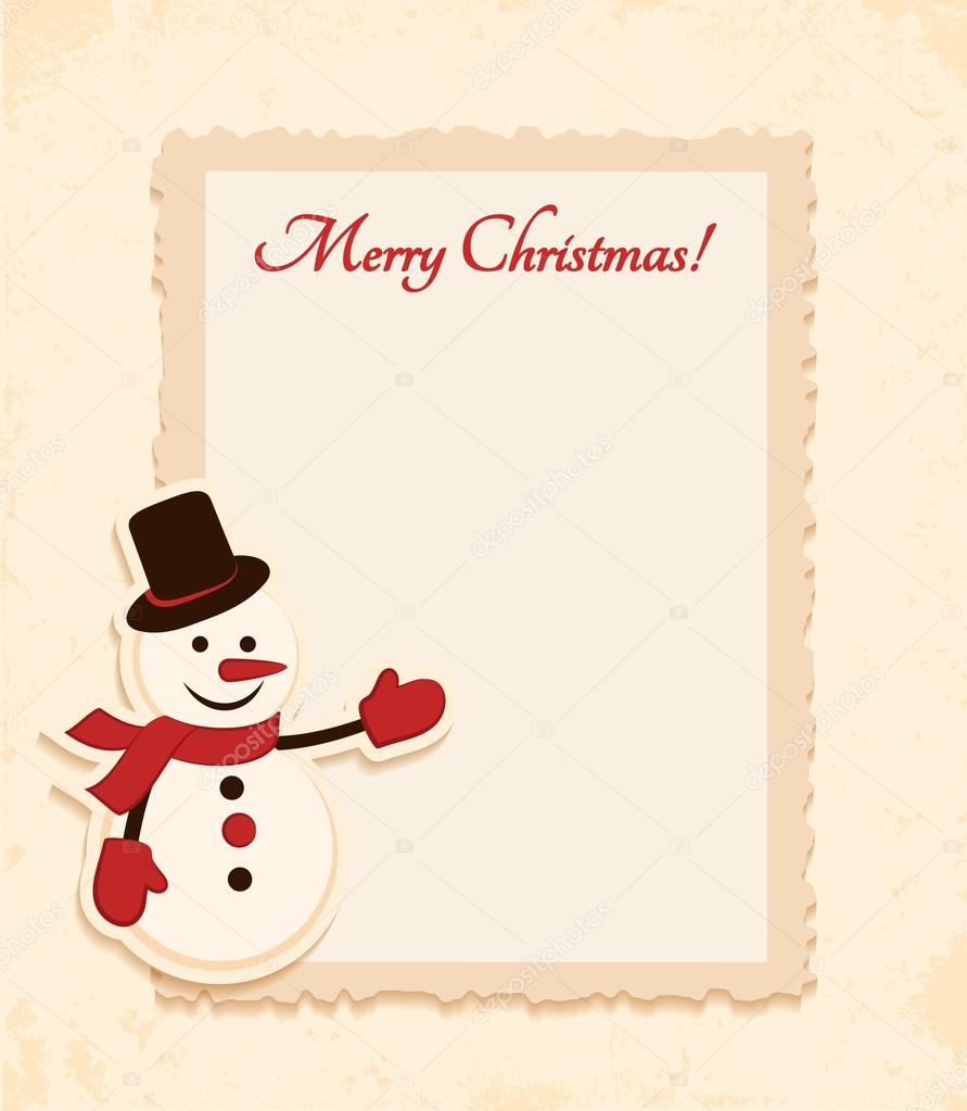 Congratulation gold retro background with snowman and frame. You can use frame for your text or photo