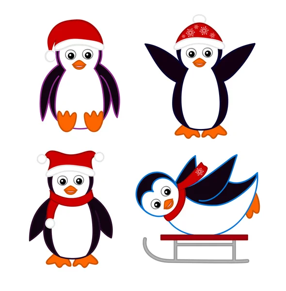 Coleção de bonitos pinguins de desenhos animados usando chapéus vermelhos e cachecóis — Vetor de Stock