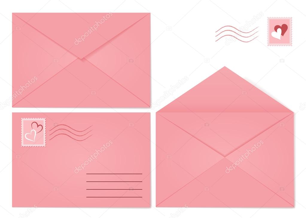 Set of pink envelopes. Closed envelope, opened envelope and envelope with mark and stamp