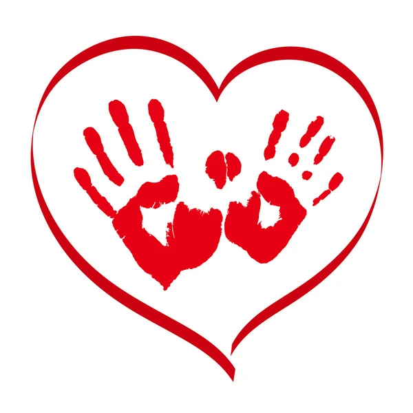 Huellas rojas de manos de hombre y mujer en un corazón sobre fondo blanco — Archivo Imágenes Vectoriales