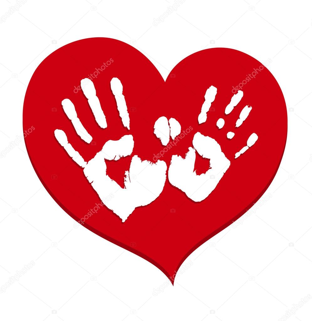 Two white handprints on a red heart.