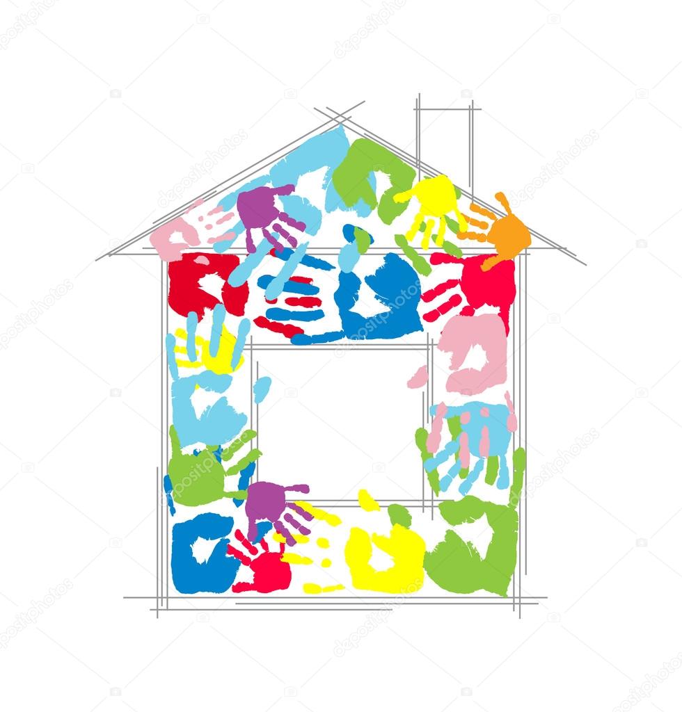 House made from children's and parent's handprints. Vector concept.