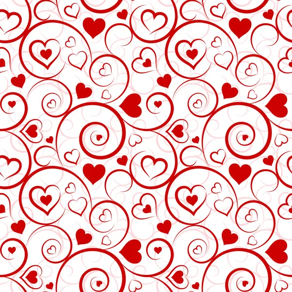 Amor padrão sem costura. corações vermelhos e redemoinhos no fundo branco — Vetor de Stock
