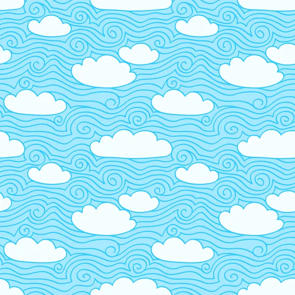 Cielo azul con nubes blancas. Patrón sin costuras. Ilustración dibujada a mano con remolinos — Vector de stock