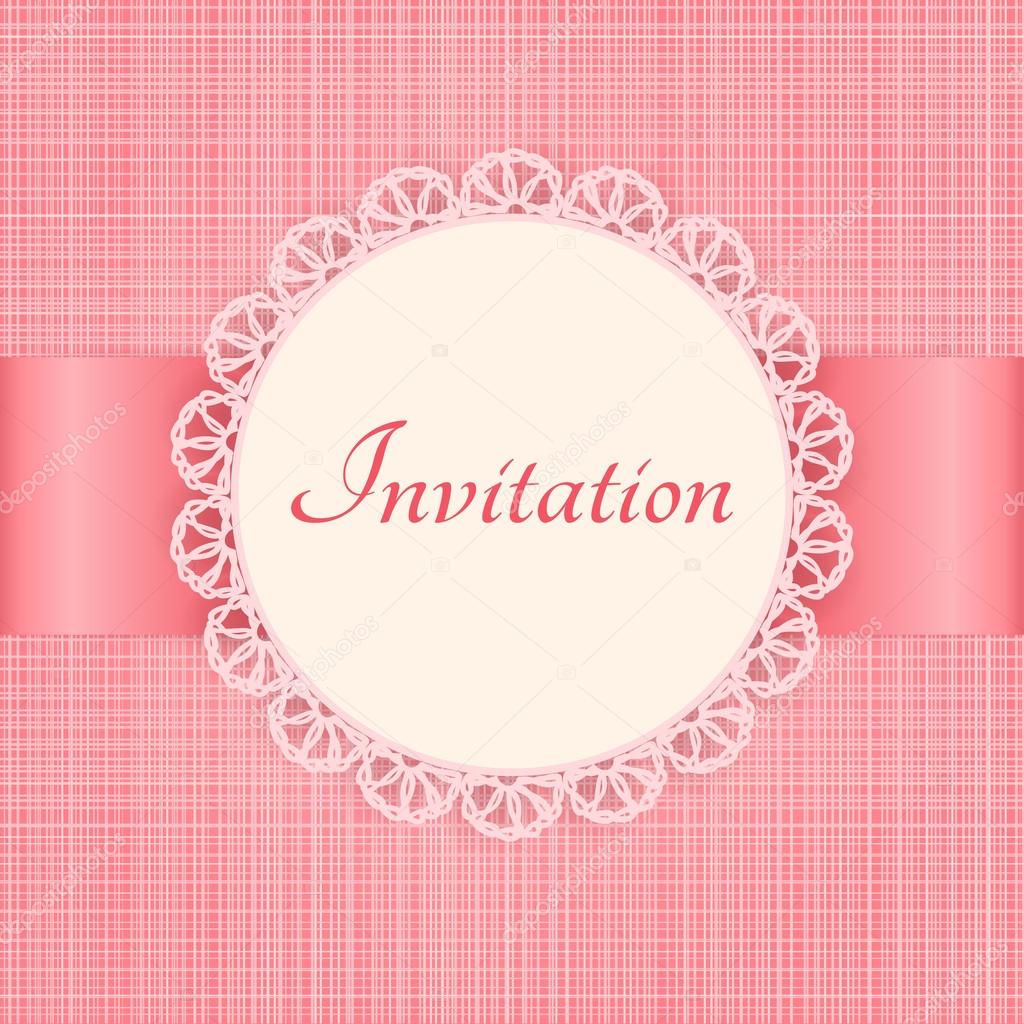Vector lace frame on pink seamless textile background. Vintage invitation card.