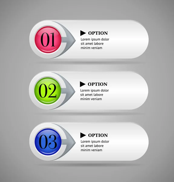 Opções coloridas horizontais brancas banners botões com seta ilustração vetorial — Vetor de Stock