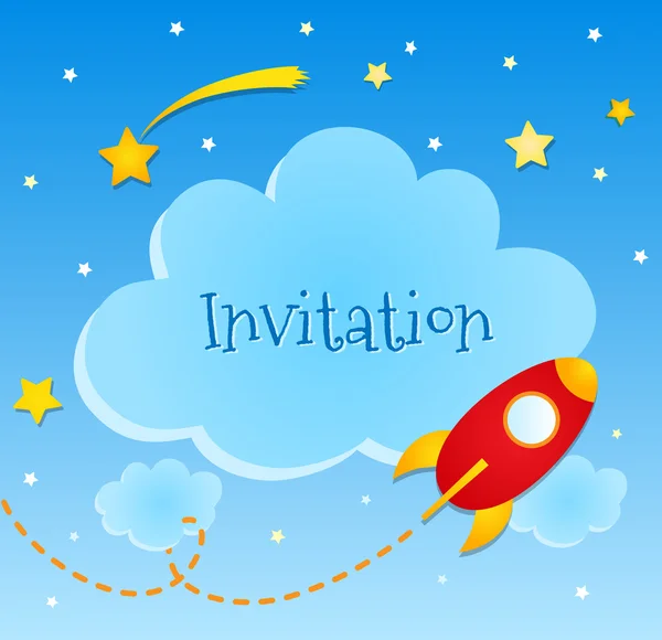 Tarjeta azul de invitación con nubes y pegatinas de naves espaciales — Archivo Imágenes Vectoriales