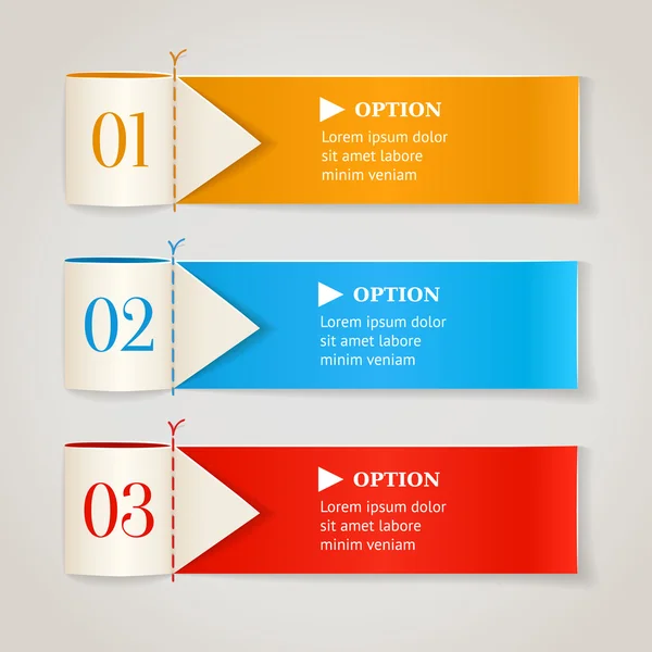 Banners de opciones numeradas modernas. Cinta de color horizontal con flechas. Ilustración vectorial — Vector de stock