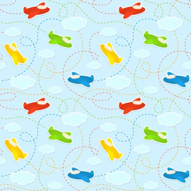 Blue seamless pattern with clouds and airplane stickers. clipart