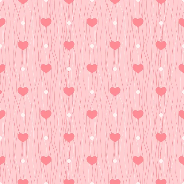 Amor padrão sem costura. Corações cor-de-rosa e bolinhas no fundo ondulado — Vetor de Stock