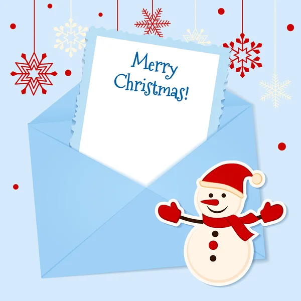 Christmas card with sticker snowman and place for your text — Stock Vector