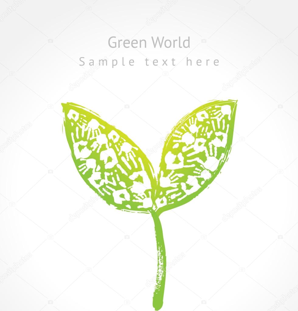 Green sprout with leaves made of handprint and sample text.