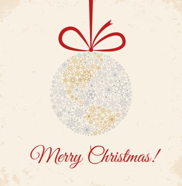 bej renkli arka plan üzerinde Noel top. gezegen yay ile kar taneleri yapılır. Retro tebrik kartı.