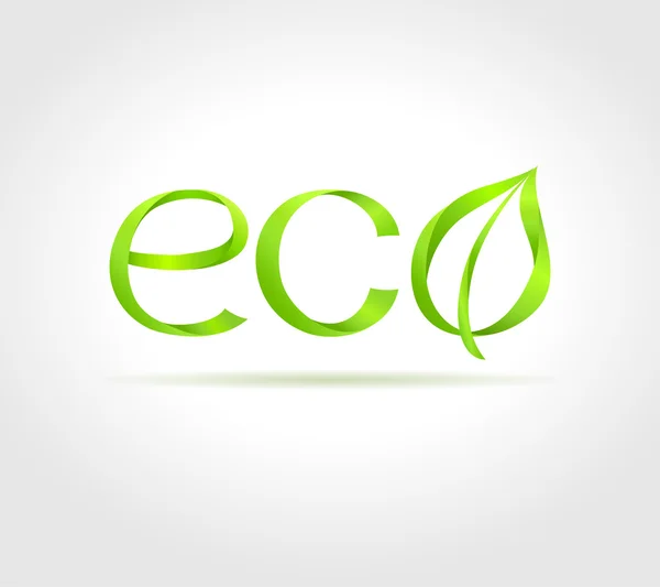 Зеленое слово "Эко" с зеленым листом на сером фоне. Векторная творческая концепция — стоковый вектор