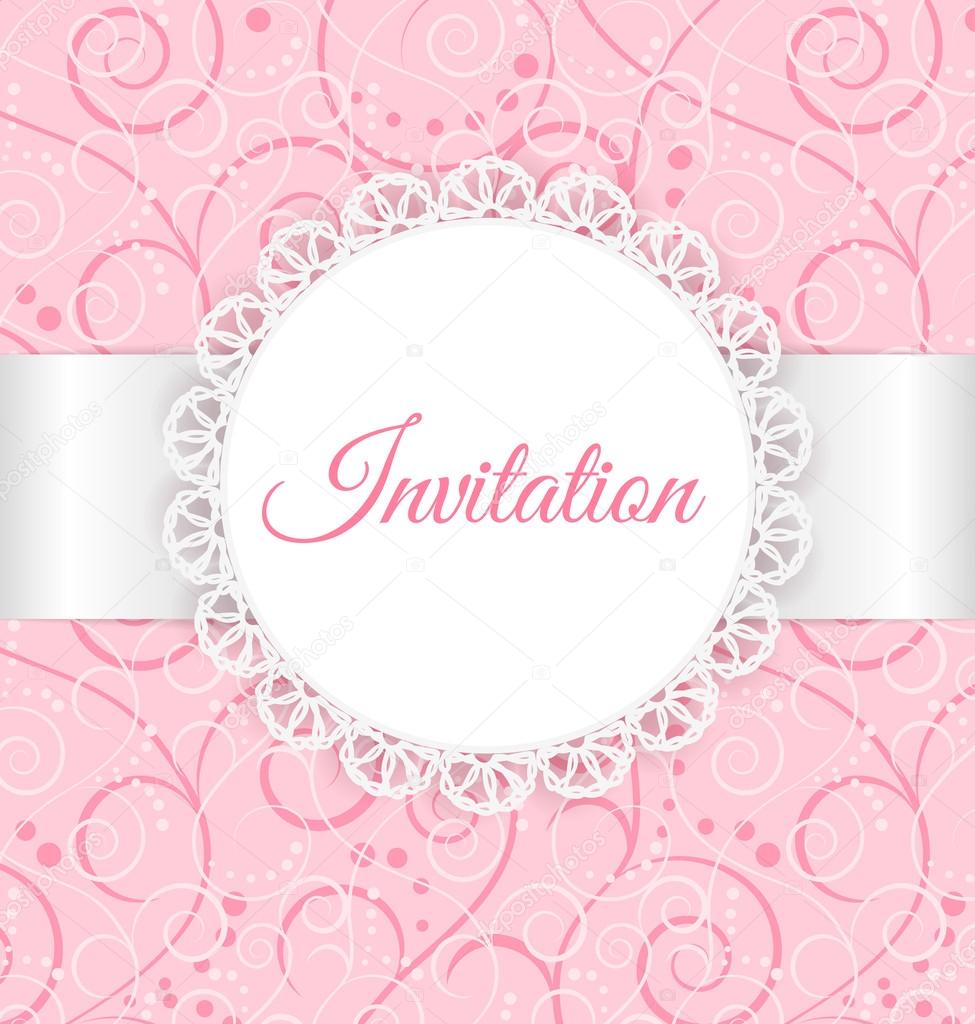 Vector lace frame with silver ribbon on swirl background. Vintage invitation card.