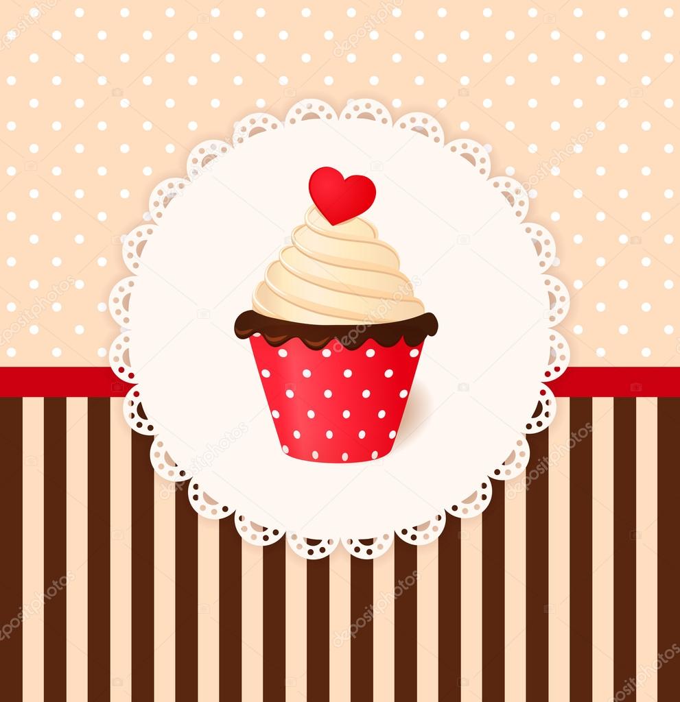 Vintage vector invitation card with heart on cream cake ...