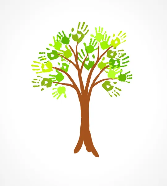 Зеленое дерево с листьями, сделанными из отпечатка руки. Эко-концепция для вашего дизайна . — стоковый вектор