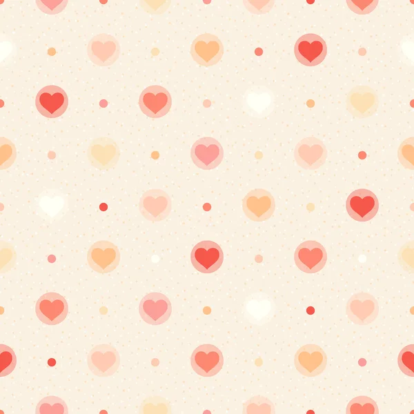 Retro nahtlose Muster. Farbe Herzen und Punkte auf beige strukturiertem Hintergrund — Stockvektor