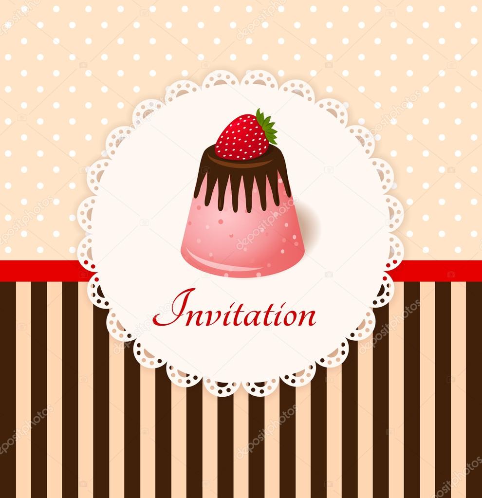 Vintage vector invitation card with strawberry chocolate jelly cake
