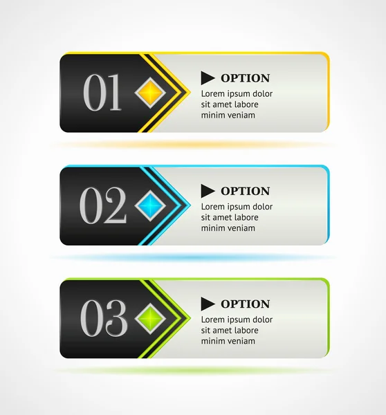 Horizontal black options banners or buttons with color elements — Stock Vector