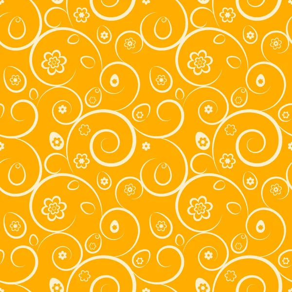橙色复活节无缝图案用鸡蛋、 鲜花和漩涡 — 图库矢量图片