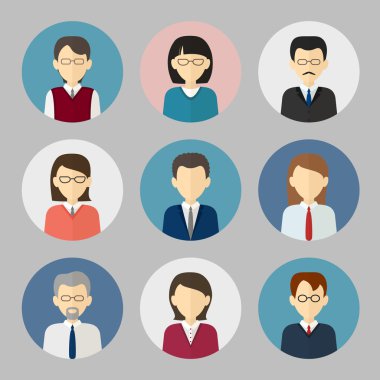 Colorful business people face. Circle icons set in trendy flat s