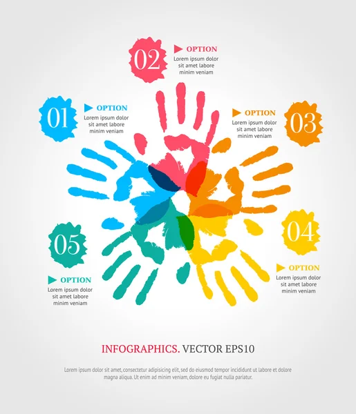 Impressões das mãos com números. Modelo de infográfico criativo para o seu — Vetor de Stock