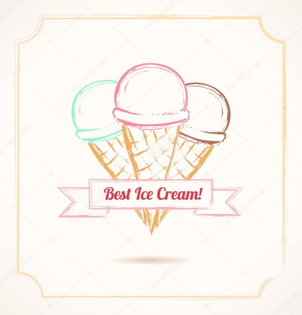 Vintage grunge poster. Three ice cream cones with bow