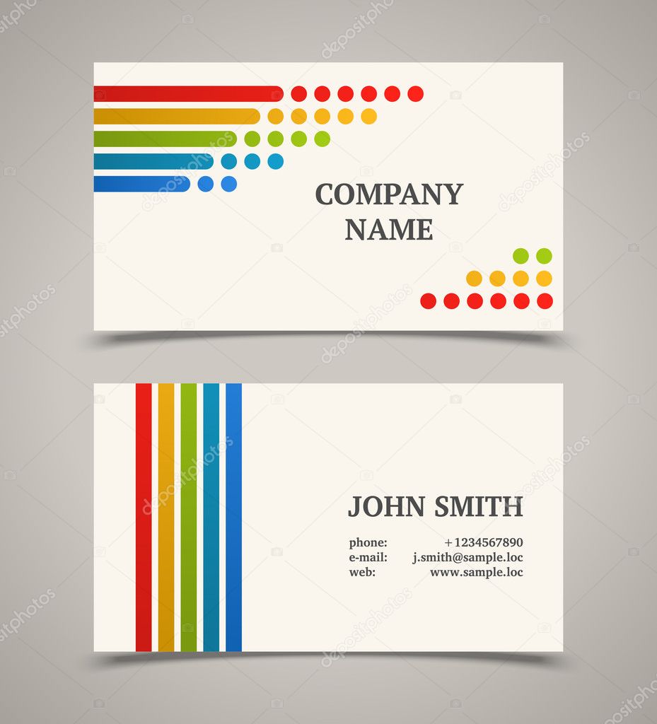 Business card template with color lines and dots.