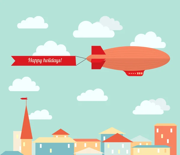 Dirigible en el cielo nublado, volando sobre la ciudad. Enfermedad vector plano — Vector de stock