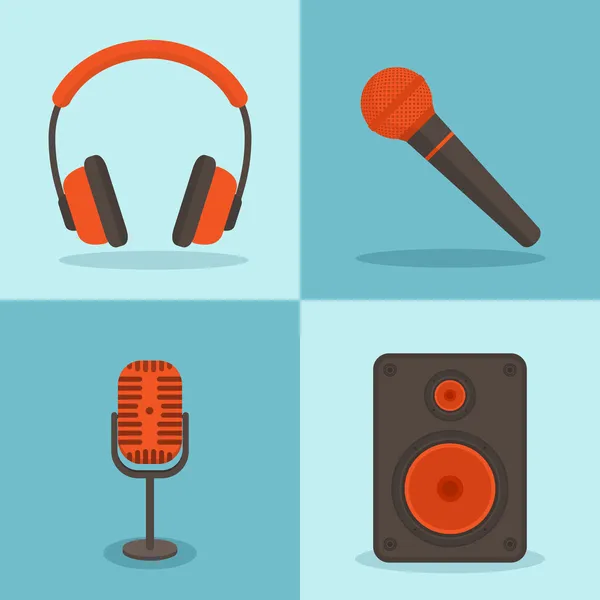 Conceptos de música vectorial en estilo plano. Conjunto de iconos - micrófonos , — Vector de stock