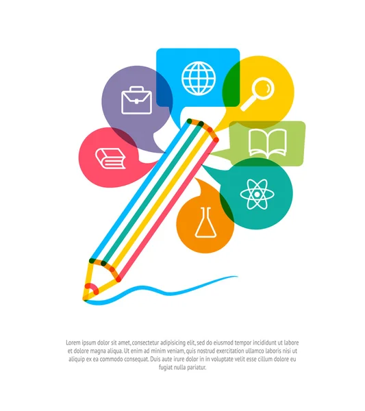 Lápis abstrato com bolhas de fala a cores e ícones de educação. C — Vetor de Stock