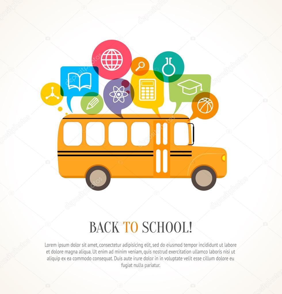School bus with color speech bubbles and education icons. Concep