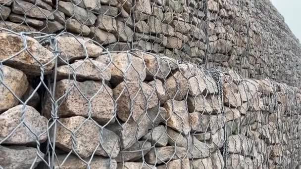 Gabion Wall Constructed Using Steel Wire Mesh Basket Stone Walls — Stock Video