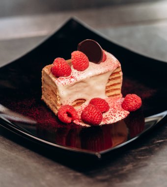 Siyah tabakta bir parça ahududu keki.