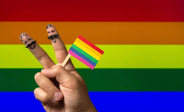 Hands Two Fingers Men Holding Rainbow Flag Peace Sign International — Stock Photo, Image