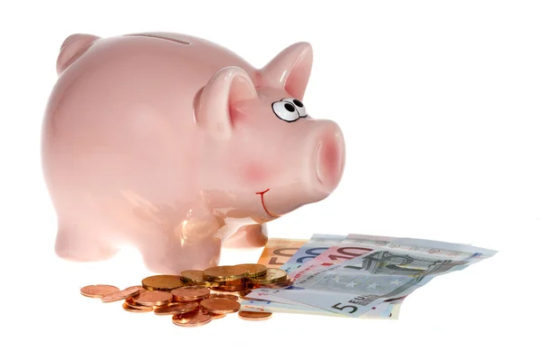 Pink piggy bank with Euro banknotes — Stock Photo, Image