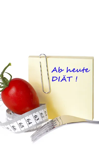 Measuring tape - Notepaper - healthy food and diet — Stock Photo, Image