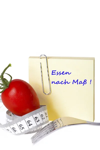 Fita métrica - Notepaper - alimentos saudáveis e dieta — Fotografia de Stock