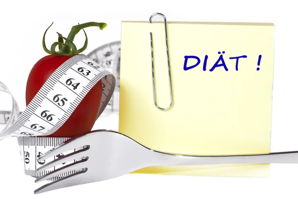 Measuring tape - Notepaper - healthy food and diet — Stock Photo, Image