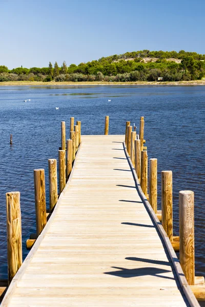 Ponte pedonale in legno allo stagno — Foto Stock