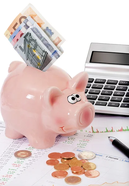 Stock prices with piggy bank and money — Stock Photo, Image