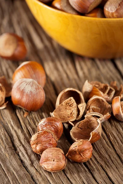 Hazelnoot kernels en schelpen — Stockfoto