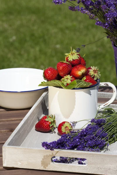 Strawberries and lavender on a tray — Stock Photo, Image