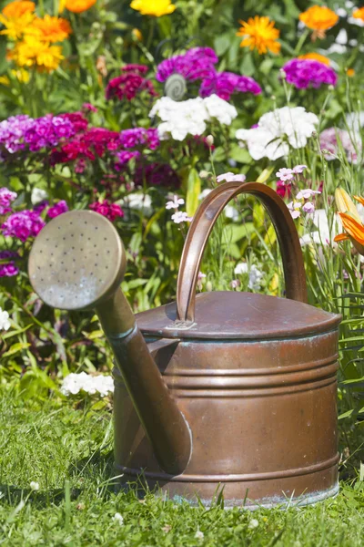 Koppar vattenkanna står framme blomsterrabatt — Stockfoto