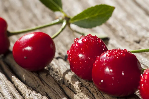 Cerezas sobre una mesa de madera — Foto de Stock