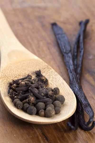 Épices sur une cuillère en bois — Photo