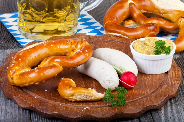 Veal sausage, Pretzels and Beer — Stock Photo, Image